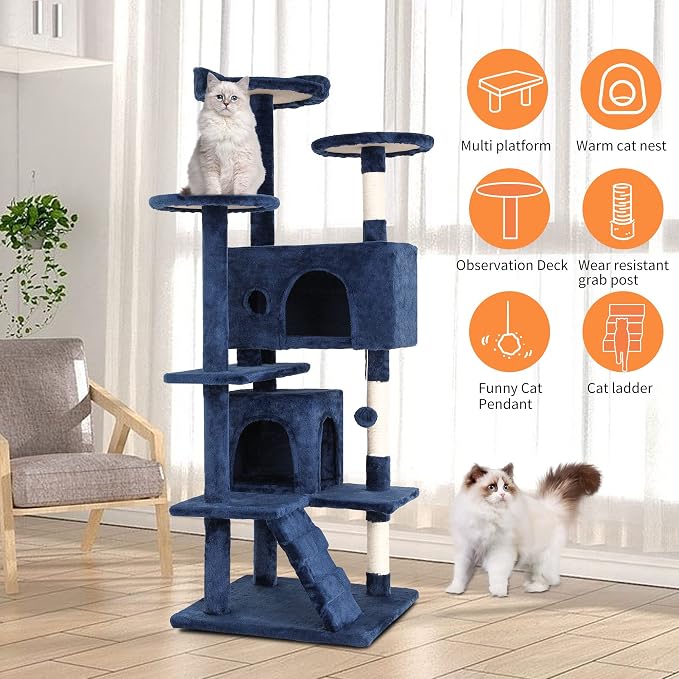 BestPet | 54" Cat Tree Tower | Navy Blue | Sturdy Multi-Level Cat Tree | with Plush Condo, Cozy Perch, Sisal Scratching Posts, Hanging Toy and Stable Frame | Easy Assembly | for Kittens & Adult Cats