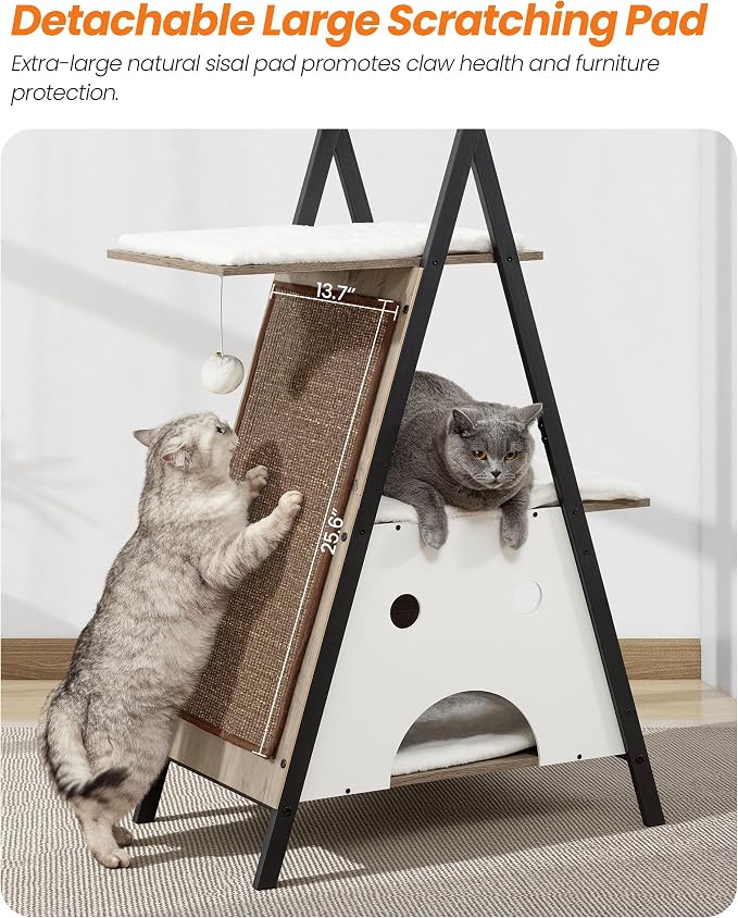 Modern Wood Cat Tree Tower for Indoor Cats Large Adult 67-in Tall | Heavy Duty XL Stable Wooden Cat Condo House Furniture with Multi-Level Spacious Perch Scratching Board Soft Washable Pads