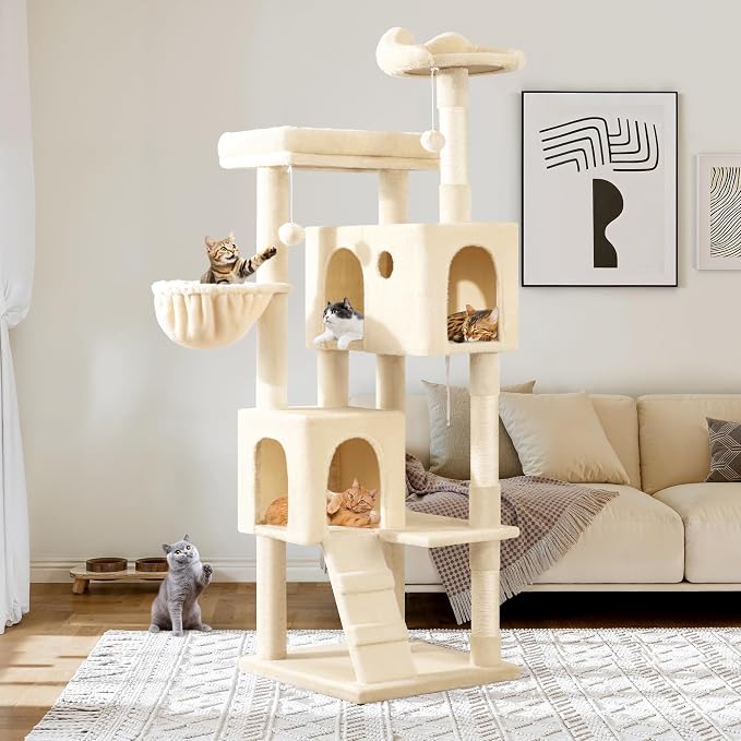 Allewie 64 Inches Multi-Level Cat Tree Tower for Indoor Cats, Beige | Activity Center for Big Felines, 2 Plush Condos, 2 Perches, Cozy Basket, House, Sisal Scratching Posts, Hanging Cat Toys