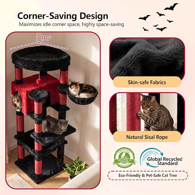 Heybly 53.1" Corner Cat Tree for Large Cats – Interactive Play HCT029BR | Sturdy Cat Tower with Cozy Cat Condo, Fan-Shaped Top Perch, Basket, Hammock & Solid Base, Black and Red