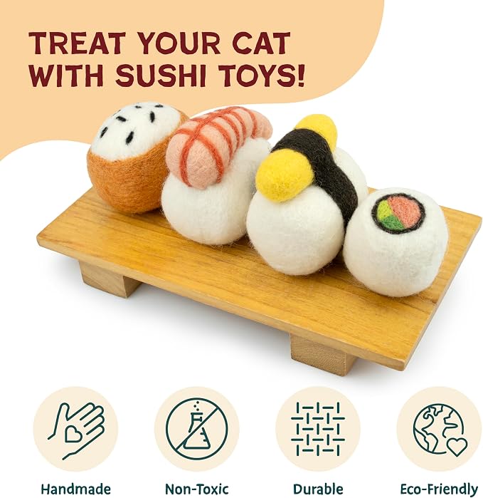 Woolbuddy Sushi Cat Toy Set – Wool Felt Interactive Toys for Indoor Cats & Kittens, Catnip-Free, Durable, Cute Enrichment Toys for Bored Cats, Natural Wool Dental & Hunting Play (Large – 4 Pcs)