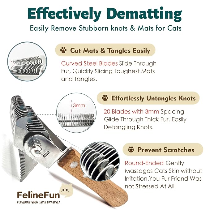 FelineFun Cat Brush for Dematting & Deshedding, 2 in 1 Undercoat Rake, Efficiently Remove Loose Hair & Matted Fur, Professional Shedding Comb for Indoor Cats & Long Haired Cats | Dual-sided undercoat rake helps remove loose hair, tangles, and light to ...