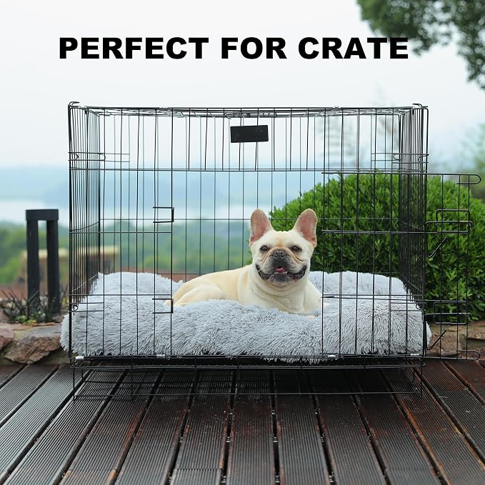 Bedfolks Waterproof Dog Crate Bed, Plush Dog Pad, 29"x21", Solid Light Grey | Faux Fur Plush Cover, Zippered Removable Washable Outer, Waterproof Inner Lining, Non-Slip Base, Crate Pad and Dog Pillow