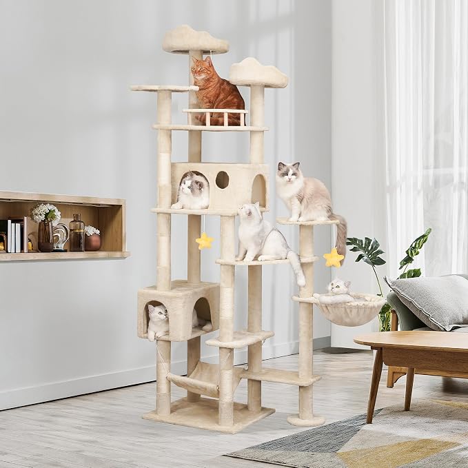 Meecal 79 Inch Tall Cat Tree Tower for Large Indoor Adult Cats, Beige | Extra Large Cat Tree with Scratching Post, Plush Condo, Perch, Hammock & Toys, Multi-Level Indoor Activity Center, Heavy Duty