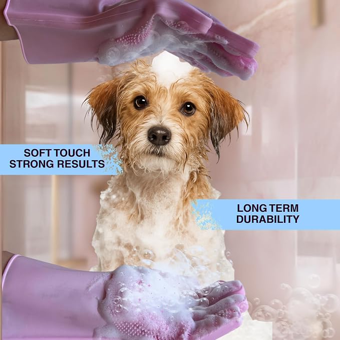 Grooming Gloves for Cats & Dogs - Pet Hair Removal Glove, Silicone Brush for Dog or Cat Washing, Puppy Bath Supplies for Shedding Cleaning Bathing & Massage, Fur Remover Mitt, Shower Shampoo Scrub
