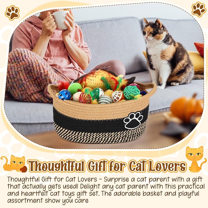 Sosation 70 Pcs Cat Easter Storage Basket Gift Toys Set Colorful Indoor Kitten Toy Assortment Including Mice, Rainbow Balls, Crinkle Balls, Springs Instinct Basket for Cats Interactive Play(Cute)