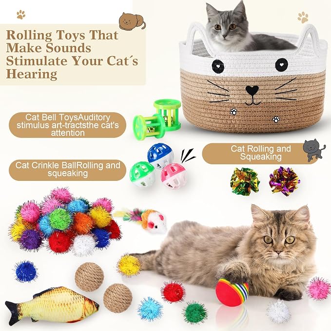 Zopeal 76 Pcs Cat Storage Basket Gift Toys Set Interactive Cat Toys Kitten Wand Colorful Flashing Balls Pet Crinkle Balls Attract Kitten to Swat, Hunt for Pet Indoor(Khaki)