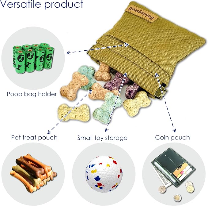 Raisingwell Dog Treat Pouch, Brown Pocket Sized Pet Training Pouch, Cotton Fabric, Hand Free Dog Walking Bag with Carabiner, Self-Closing Pet Feed Snack Reward, for Puppy Travel or Outdoor Use
