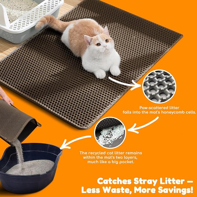 Cat Litter Mat 35"x24",Double Layer EVA Litterbox Mat Brown | Extra Large Honeycomb, Waterproof & non-slip, Odor-free, easy clean, washable durable floor protector,scatter control