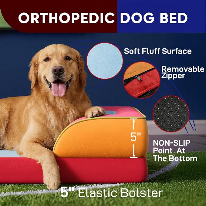 Comfort Expression Orthopedic Dog Bed for Extra Large Dogs with Bolster | Waterproof Dog Couch Bed with Washable Cover & Non-Slip Bottom, Supportive Egg Crate Foam XL Pet Bed, 42x30 Inch