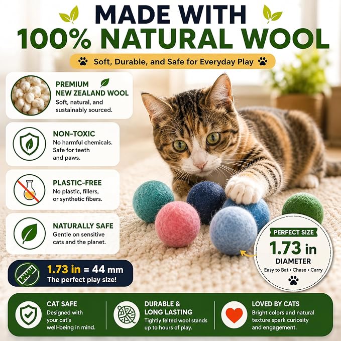 Cat Felt Balls 6 Pack, Wool Toy Balls for Indoor Cats, No Catnip | Dense tightly felted construction holds shape through biting, clawing, and carrying. Resists shedding and unraveling.