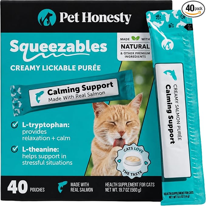 Cat Calming Lickable Treats for Anxiety Relief - Squeezable Calming Puree Pouches for Cats - Feline Stress Relief Behavior Support for Travel, Vet Visits, Grooming, & Separation (Salmon, 40 Ct)