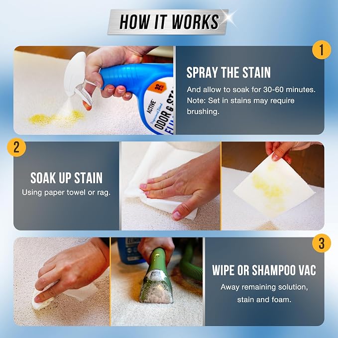Pet Odor and Stain Eliminator - 32 oz ACTIVE Enzyme Cleaner for Dog & Cat Urine, Stain Remover Spray for Carpet, Upholstery, Hardwood, Spot Cleaning, Deodorizer for Dogs Cats Pets - Natural Citrus Oil