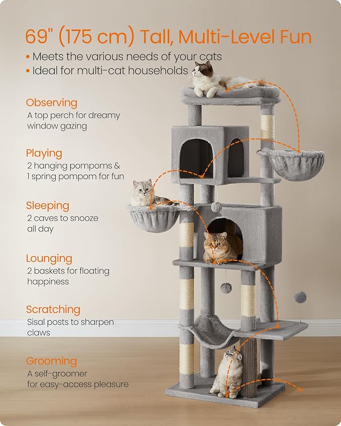 Feandrea Cat Tree, 69-Inch Tall Cat Tower, Multi-Level Plush Condo with 2 Caves, 2 Baskets, 5 Scratching Posts, Self-Groomer, Perch, Hammock, Dove Gray UPCT182G01