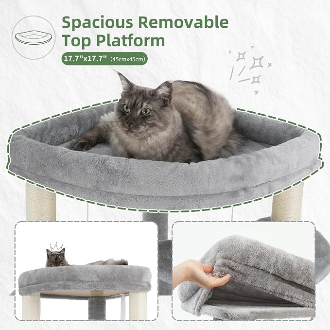 Corner Cat Tree, All Sisal Multi-Cat Scratching Posts GCT035W | 63.8" Cat Tower for Indoor Cats with Cat Condo, 2 Large Cat Caves, Big Top Perch, 2 Hanging Baskets & Sisal Ramp, Light Gray