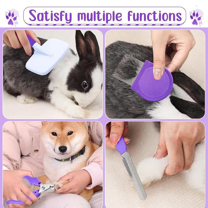 VCZONE 8 Pcs Small Animal Grooming Kit, Rabbit Grooming Kit with Pet Nail Clipper and File, Flea Comb, Pet Shampoo Bath Brush, Pet Shedding Slicker Brush, Bath Massage Glove, Cleaning Comb (Purple)