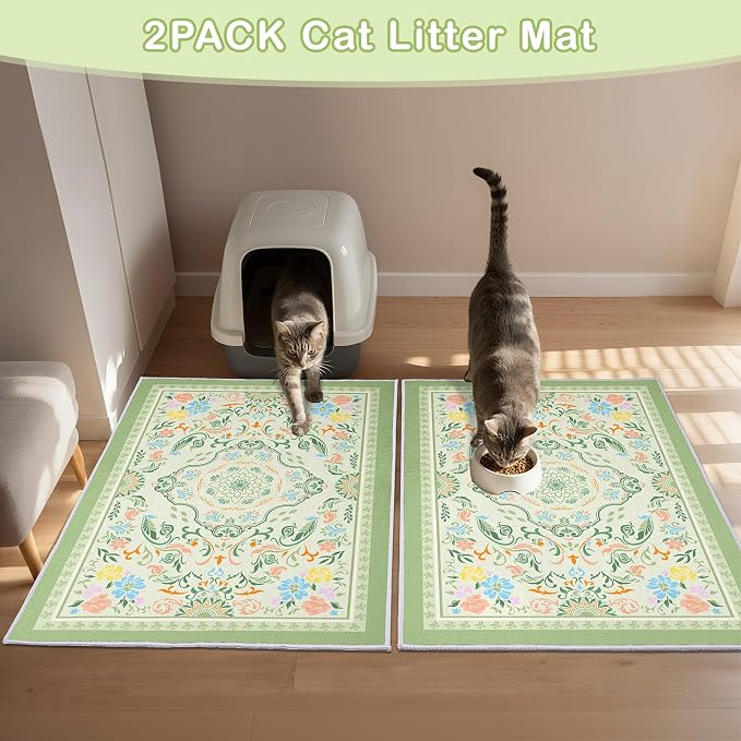 2 Pack Washable Cat Litter Mat 33"x22" Waterproof Trapping Pad | Kitty Litter Box Mat Featuring A Non-Slip Base And Decorative Design To Trap Scatter For Home Floor Protection