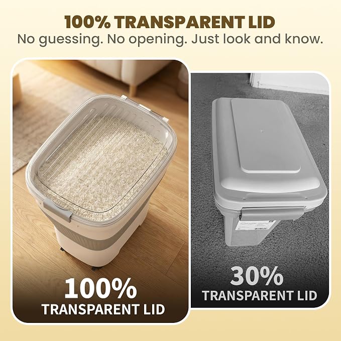 HOYTAMDAR 50Lbs Collapsible Rice Container,Airtight Food Storage container | Rice Storage Container with Clear Lid,Rolling Wheels,Small Bin & Measuring Scoop,Rice Dispenser for Pet Food Rice Flour