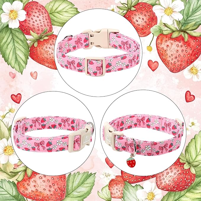 Strawberry Bow Dog Collar for Giant Large Dogs - Cute Pink Spring/Summer Girl Dog Collars, Lightweight Adjustable Female Girly Dogs Collars with Quick Release Buckle XL