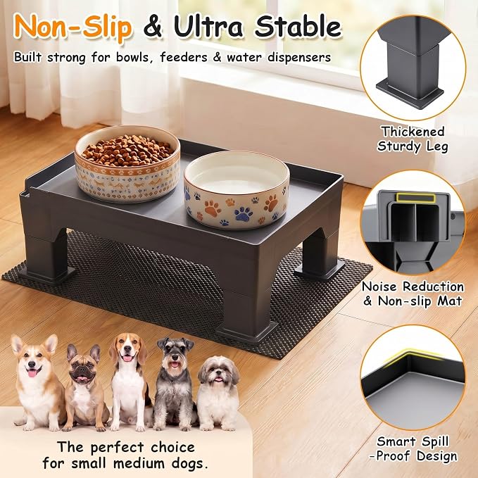 2 Set Elevated Dog Bowl Stand and Waterproof Non Slip Mat, Gray Pad | Reduce Neck, Joint and Spinal Strain, Sturdy Legs, Easy Clean Silicone Pet Food Mat, For Small & Medium Dogs, Cats