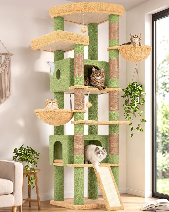 Globlazer 80in Cactus Extra Large Heavy Duty Corner Cat Tree Tower, S80C | Sturdy Green Big Cat Tower for Indoor Cats Large Adult with Scratching Post, 2 Cat Condos with Padding, 2 Perches, Green