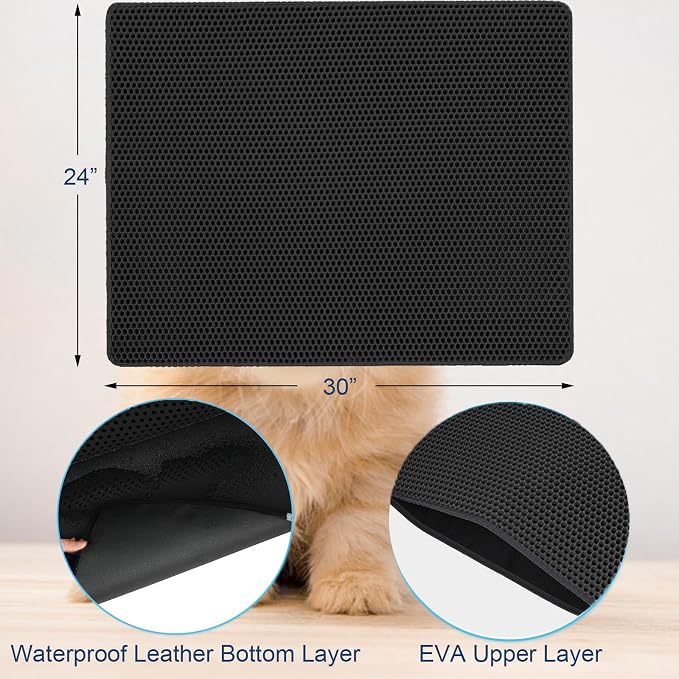 Cat Litter Mat 30"x24" Upgraded Urine-Proof Non-Slip Black | Large double-layer honeycomb catches all types of litter, soft & durable, BPA-free, easy clean, upgraded bottom, large mat.