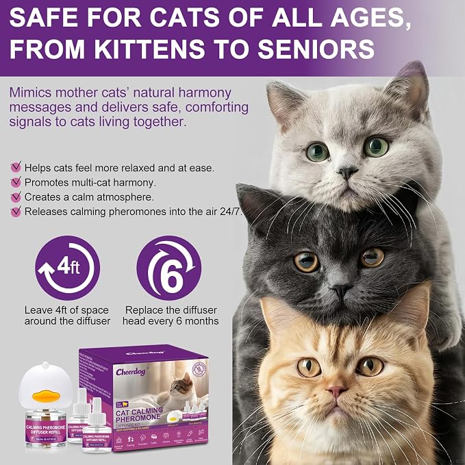 Cheerdog Cat Pheromones Calming Diffuser Relieve Anxiety Stress Cat Calming Diffuser Comfort for Cats 3 Refills, Reduce Fighting and Scratching Calm Relaxing Fits All Cats (2)