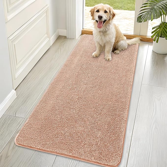 OLANLY Dog Door Mat for Muddy Paws 70x35, Super Absorbent Chenille Mud Mat | Peach, Absorbs Moisture and Dirt, Non-Slip Machine Washable Doormat, Quick-Drying Indoor Entryway Floor Carpet for Dogs