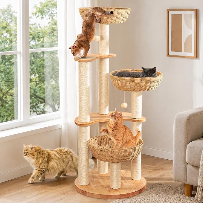 SHODMI 54" Modern Cat Tree Tower for Indoor Cats, Large & Multi-Cat Homes | Wood Cat Tree, 3 Handwoven Basket Beds, Stable Wide Round Wood Base, 8 cm Thick Sisal Scratching Posts, Plush & Cool Mats