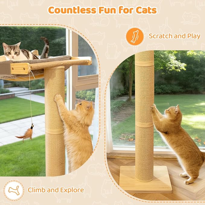 Cat Window Perch Hammock with 3-Piece Detachable Roman Column Sisal Scratching Posts, Gray Fluffy Cusion, Drill-Free Suction Cup Mount, Extra Large for Large Cats & Maine Coons, 60 LBS Capacity
