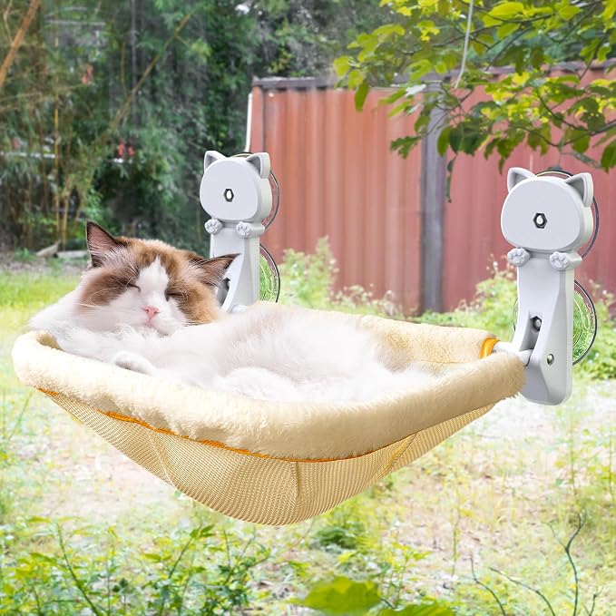 Cat Window Perch Cordless, Foldable & Stable Cat Beds- Breathable Cat Window Hammock for Overlooking, Sunbathing and Climbing - Maximum Hold Up to 40lb(Cream)