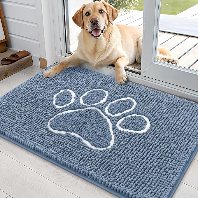 OLANLY Dog Door Mat for Muddy Paws 35x24, Paw Print Design Chenille Mud Mat | Airy Blue and White, Absorbent, Traps Moisture and Dirt, Non-Slip Washable Doormat, Quick-Dry Indoor Entryway Carpet for Dogs