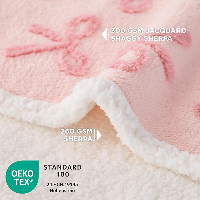 LE SURE Waterproof Puppy Blanket for Large Dogs - Washable Double Sided Dog Blankets with Warm Jacquard Shag and Soft Sherpa Fleece, Pet Cat Blanket for Couch Protection, Bow Design，Pink Taffy