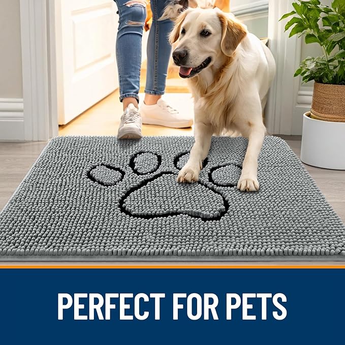 OLANLY Dog Door Mat for Muddy Paws 47x24, Paw Print Design Chenille Mud Mat | Grey, Super Absorbent, Traps Moisture and Dirt, Non-Slip Washable Doormat, Quick-Drying Indoor Entryway Floor Carpet for Dogs