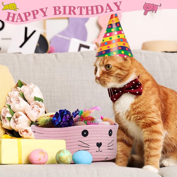 Zopeal 58 Pcs Summer Cat Storage Basket Gift Toys Set, Colorful Flashing Balls Pet Bell Crinkle Balls Spring Toys Attract Cat to Swat, Hunt, Interactive for Pet(Pink,9.8 Inch)