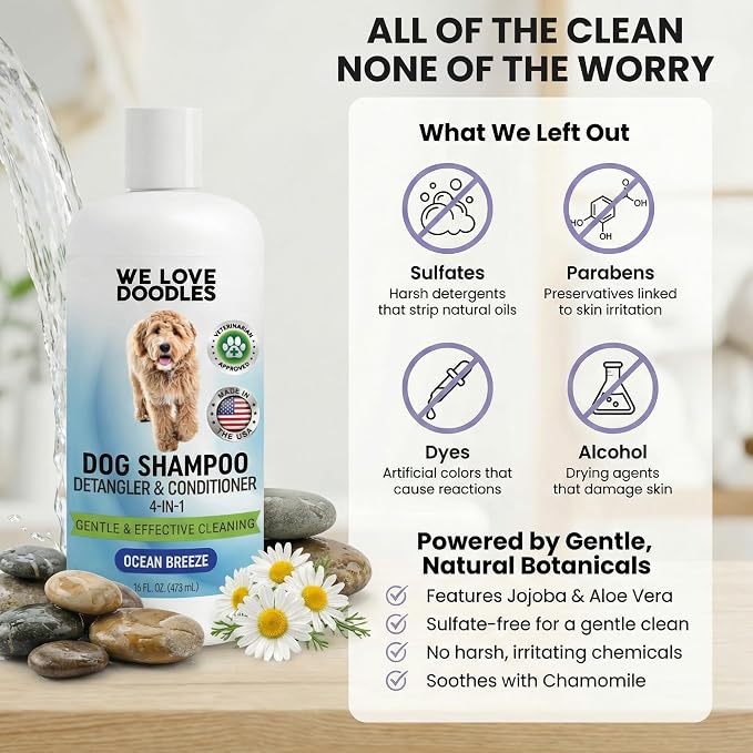 Dog Shampoo, Conditioner & Detangler, Gentle Tearless, Ocean Breeze, 16OZ | For Sensitive Itchy Skin, Hypoallergenic, Best For Smelly Dogs, Goldendoodle, Poodle & Doodle, Puppy Pet Wash, USA Made, 4in1