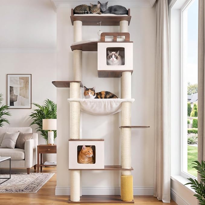 Cat Tree, Wooden Multi-Level Tower for Large Audlt Cats GCT104EB | 76" Cat House Furniture with Big Hammock, 2 Condos，Wood Platforms with Safety Railing, Sisal Scratching Posts, Earth brown