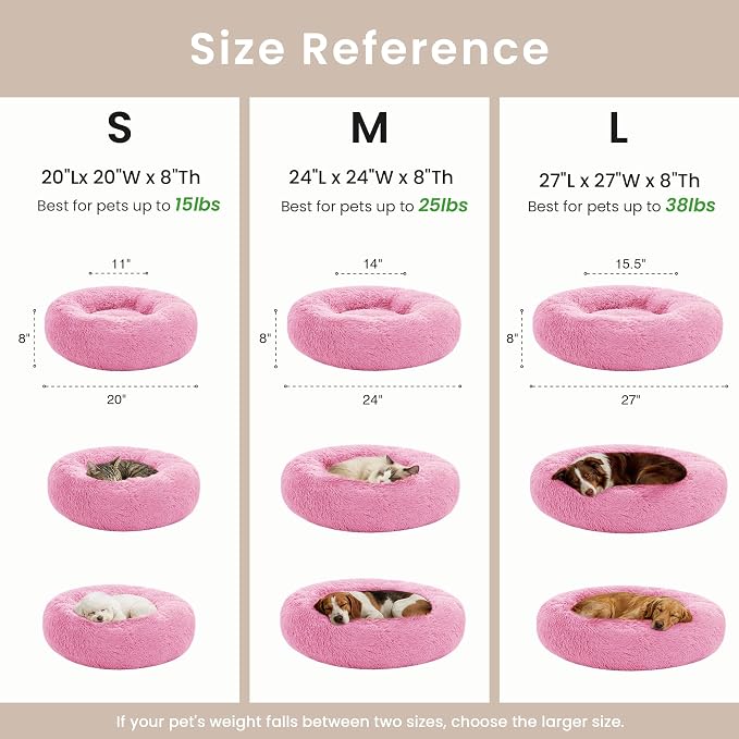 Love's cabin Calming Cat Bed for Indoor Cats, Anti-Anxiety Donut Round Dog Bed, Fluffy Faux Fur Washable Pet Bed for Small Medium Dogs and Cats, Pink, 20in