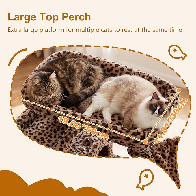 Heybly Cat Tree, 71-Inch-Tall Tower for Indoor Cats with 2 Perches HCT034BW | Large Cat Furniture with 2 Big Condos, 2 Hammocks, Basket, Scratching Pad, Multi-Level Cat Condo, Leopard Print