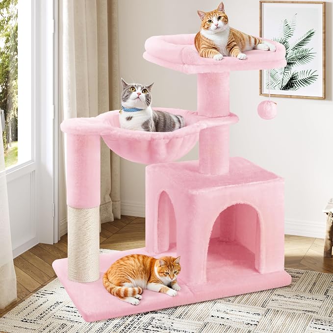 Allewie 29.5in Indoor Cat Tree, Multi-Level Cat Tower with Sisal Scratching Posts, Padded Perch, Basket, Condo, and Hanging Ball, Suitable for Kittens and Adult Felines, Pink