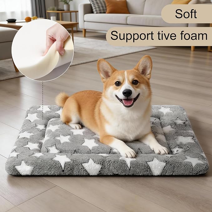Dog Crate Mat, 4 Piece Reversible Pet Bed, Polyester, Machine Washable, Small Dogs & Cats, Rectangular (Gray Star, 24" L x 18" W x 1.5" Th)