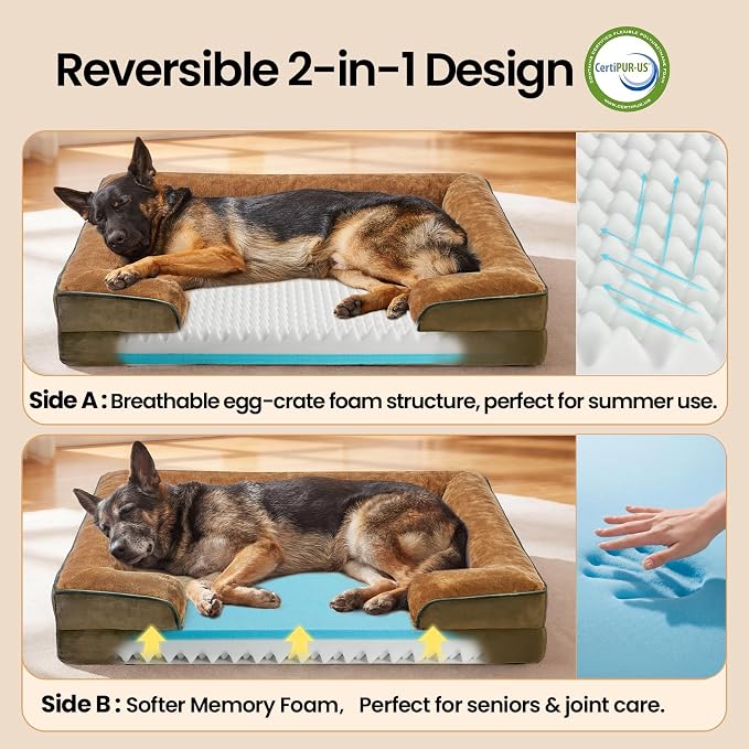 OhGeni Orthopedic Dog Bed Couch Big Cat Sofa for Extra Large Sized Pets with Memory Foam, Machine-Washable Waterproof Removable Cover, Soft Comfortable Fabric, 44-inch (Brown)
