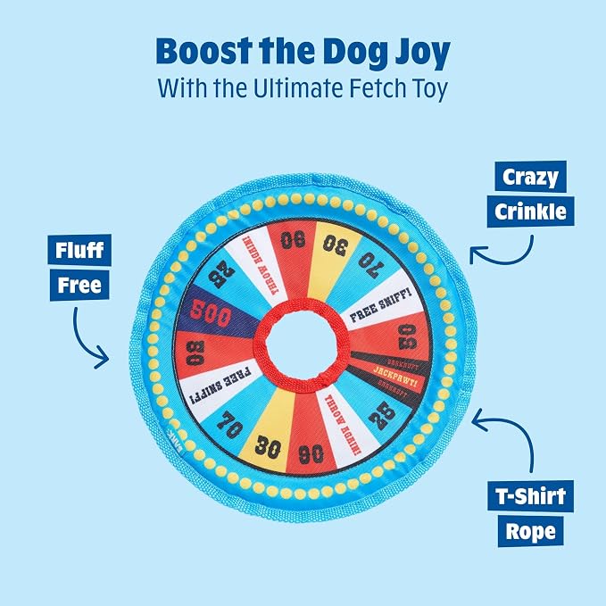 Barkbox Fetch N' Win Wheel Dog Toy | Fluff-Free Crinkle Disc with T-Shirt Rope & Reinforced Woven Binding | Fetch & Tug Toy for Dogs