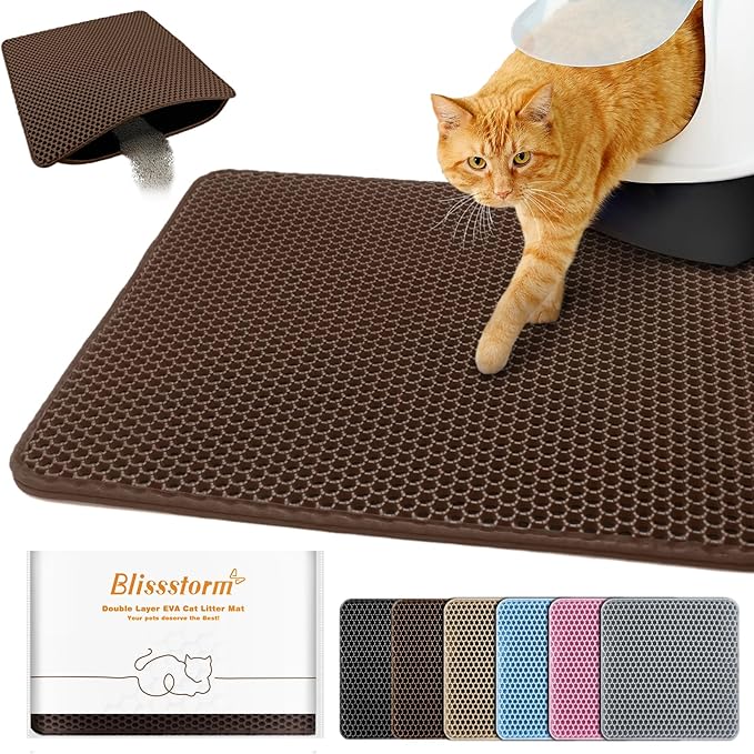 Cat Litter Mat 12"x12",Double Layer EVA litterbox Mat,Brown | Waterproof honeycomb large grid, urine-proof and odor-free. Traps litter, easy cleanup,Washable, non-slip backing