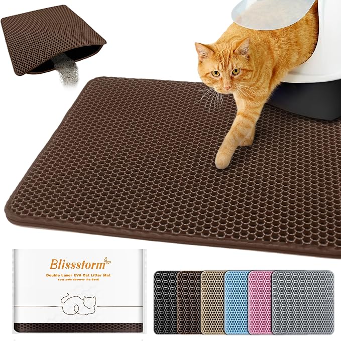 Cat Litter Mat 12"x18",Double Layer EVA litterbox Mat, Brown | Waterproof honeycomb large grid, urine-proof and odor-free. Traps litter, easy cleanup,Washable, non-slip backing
