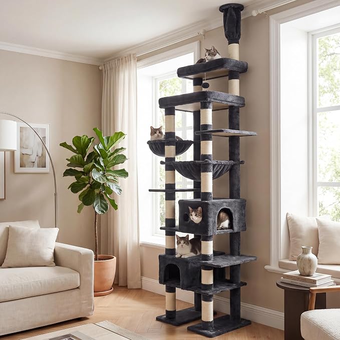 Heybly Floor to Ceiling Cat Tree, 104.7"-116.5" Height-Adjustable HCT92G | Expanded Wide Cat Climbing Tower with Wide Perch, 2 Spacious Cat Condos & 15 Scratching Posts for Indoor Cats, Smoky Gray