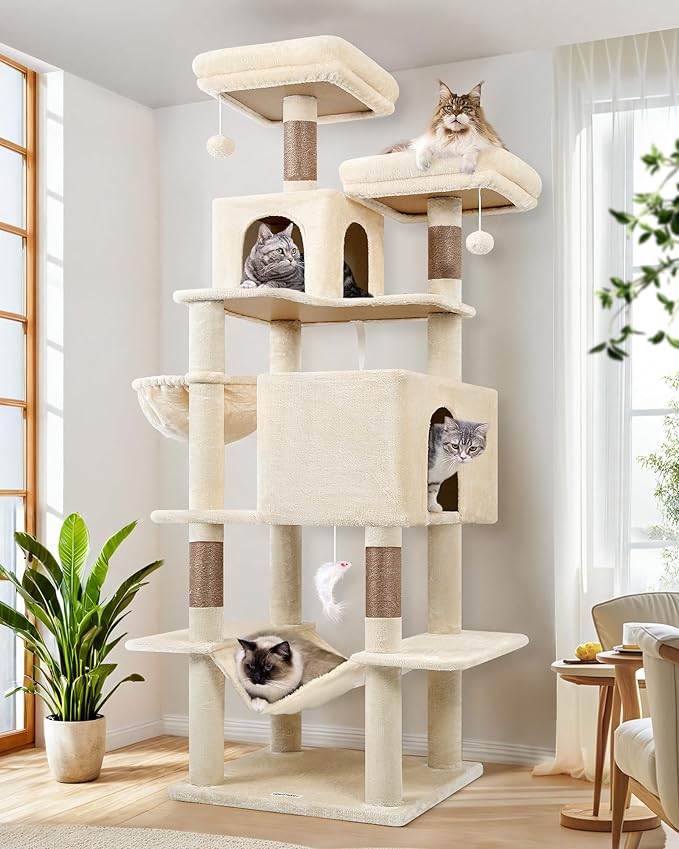 Globlazer Extra Tall Cat Tree Tower for Indoor Cats, 76in, F76, Beige | Multi-Level Cat Furniture with Cozy Condos,Hammock and Perches for Large Adult Cats, Perfect for Climbing, Scratching
