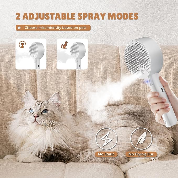 Cat Steam Brush for Indoor Cats, Spray Cat Deshedding Brush for Grooming | Self Cleaning Steam Pet Brushes with Spray, Helps Remove Loose Hair & Undercoat, Grooming Tool for Long & Short Hair Cats