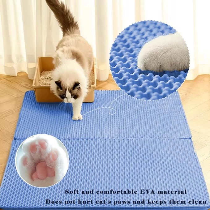 HCY&WLD Cat Litter Mat, Double Layer Cat Litter Box Mat (35x24 Inch, Blue) | Waterproof Urine-Proof Non-Slip Litter Trapping Mat, Soft on Kitty Paws, Scratch-Resistant, Scatter Control, Easy to Clean
