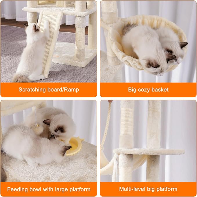 Heybly Tall Cat Tree 78-inch Multi-Level Cat Tower for Indoor Cats HCT033M | Cat Condo with 2 Widened Plush Perches, Multi-Level Cat Furniture with Scratching Board, Big Caves, Beige